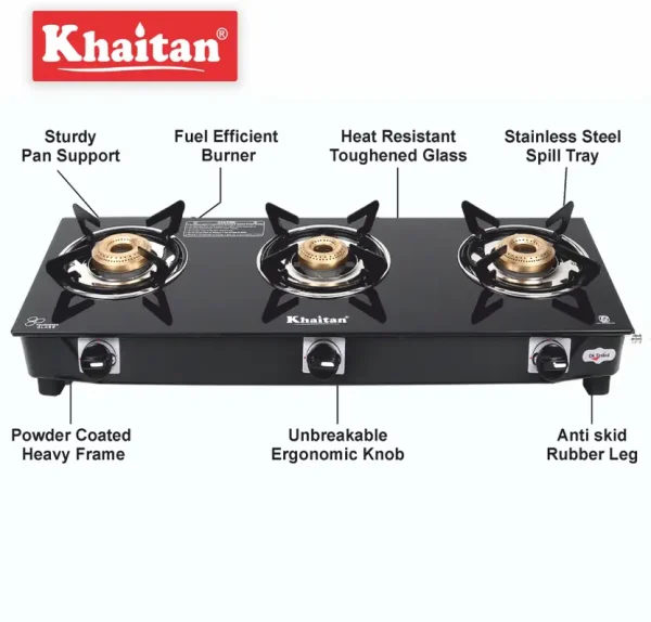 Khaitan 3 Burner BP-JIO Black MS Frame Toughened Glass Manual Gas Stove (3 Burners)